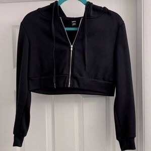 Shein Drawstring Crop Thermal Lined Zip Up Hoodie Black Size S Petite